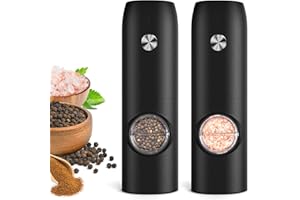 FRTONYI Electric Salt and Pepper Grinder Set, Rechargeable Automatic Pepper Mill Grinder with LED Light, Adjustable Coarseness shakers, One-Hand Operation for Kitchen(2 Pack,Black+Black)