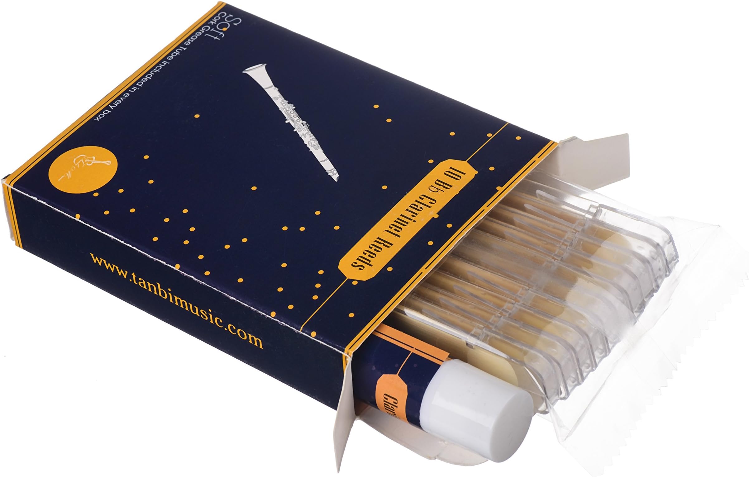 10 Bb Clarinet Reeds (Tanbi Music CLR101): 10 Medium Reeds Strength 2.5-3 and Clarinet Cork Grease