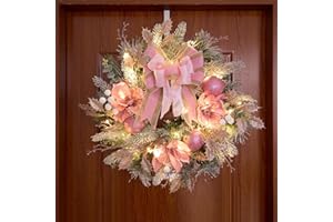 VOFULY Pink Christmas Wreath for Front Door with 30 LEDs Light,Winter Christmas Holiday Porch Decor,Lighted Pink Magnolia Decoration,22 inch prelit Elegant Christmas Wreath with Ribbon Bow