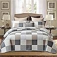 PANGUSHAN 100% Cotton Quilt Set Queen Size,Patchwork Plaid Bedding Set Bedspreads,Farmhouse Lightweight Comforter,Grey/Gray/Black/Tan/White/Cream Reversible Quilt for Queen Bed,3 Pieces