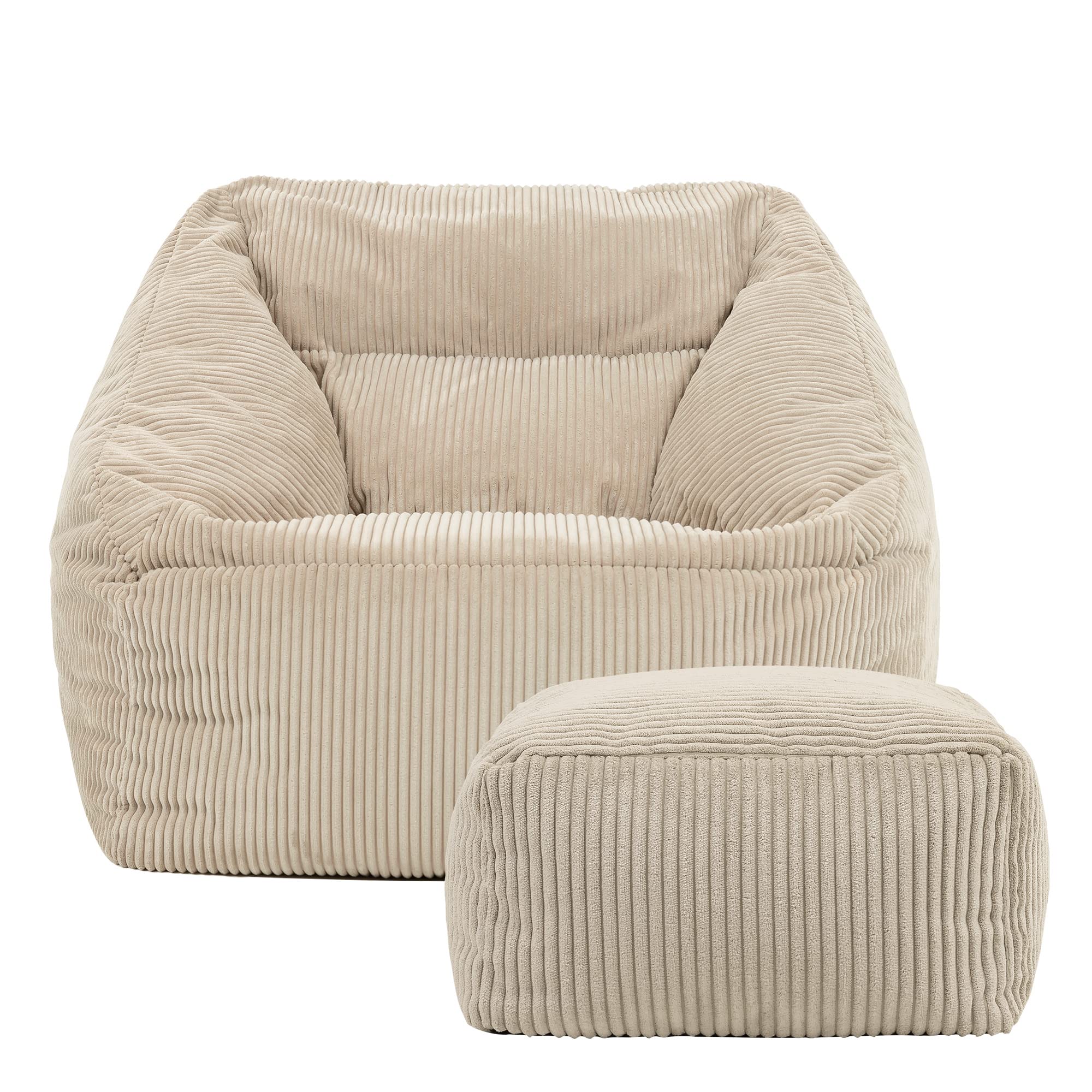 Icon Natalia Sitzsack Sessel mit Hocker für Erwachsene, Beige, Flauschiger Cord Stoff, Riesen Sitzsack Cord mit Füllung, Bean Bag Chair, Bequemer Sessel Wohnzimmer, Lounge, Schlafzimmer, Büro 4