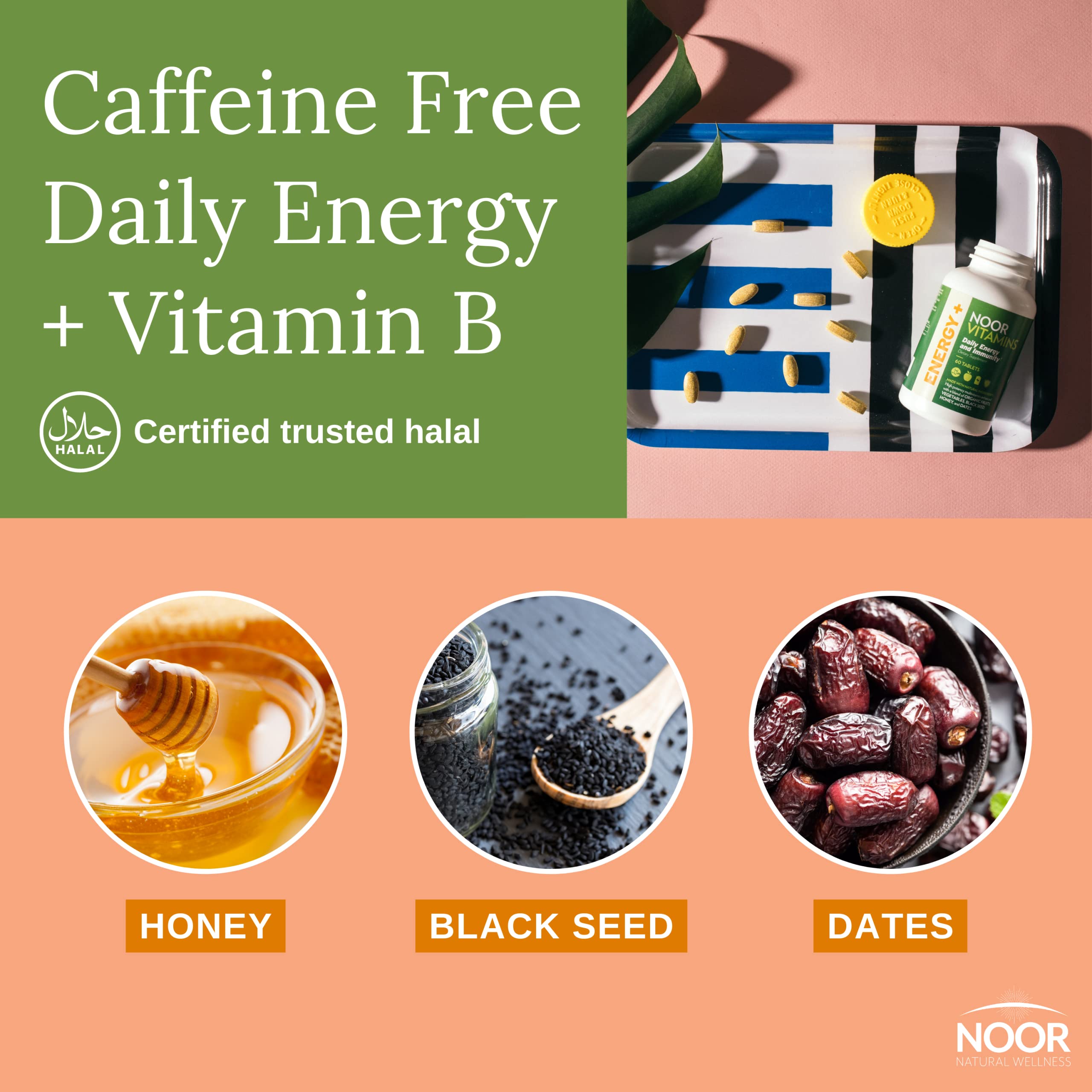 Noor Vitamins Energy+ Multivitamin; Halal Vitamin for Energy Production & Immunity, 26 Vitamins & Minerals, Black Seed, Dates, Honey, for Men & Women. Gelatin Free, 2 Month Supply