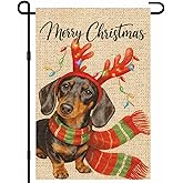IVN Merry Christmas Burlap Garden Flag 12x18 Inch Black Tan Dachshund Antler Lights Scarf Flag Double Sided Outdoor Yard Banner for Porch Lawn Patio Decor