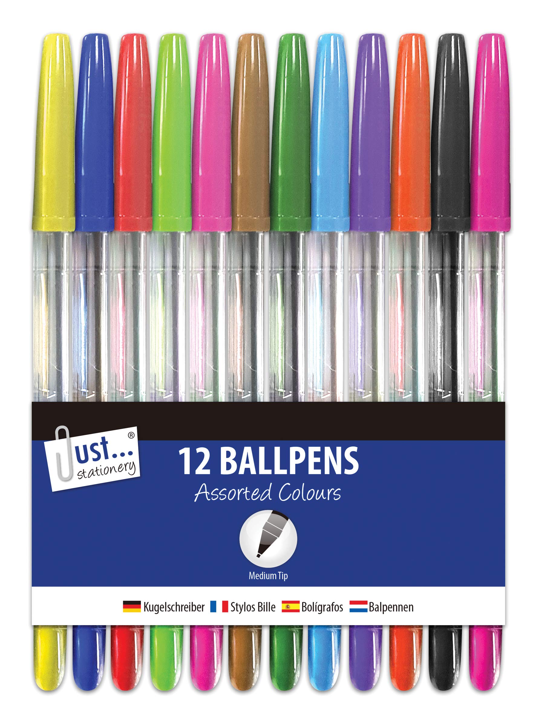 Just stationery 12 Multicoloured Ballpoint Pens, Assorted Colours, Count (Pack of 1)