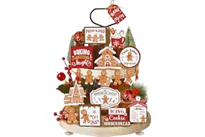 Funnymoom 17 Pcs Christmas Tiered Tray Decor Set Gingerbread Man Christmas Tiered Tray Decoration Gingerbread House Wooden Sign Winter Farmhouse Home Decoration for Rustic Home Shelf Table Centerpiece