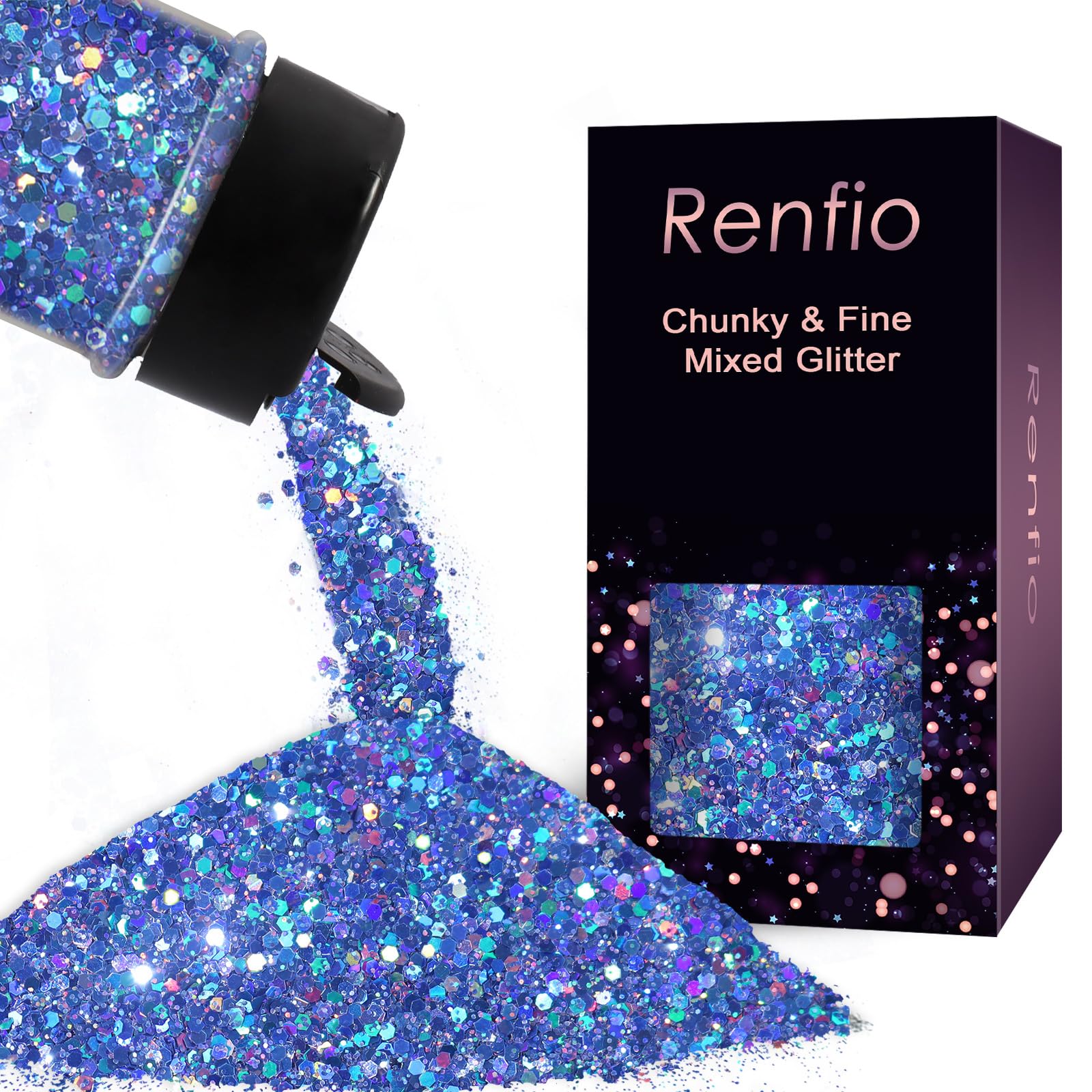 Renfio Holographic Glitter Medium Size 2.11oz/60g - Chunky Ultra Fine Mix With Sequins, PET Flakes for Nail Art, Tumblers, Slime, Resin Crafts - Laser Ocean Blue