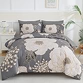 Luxudecor Floral Queen Comforter Set 7 Pieces Bed in a Bag, White Flower Print on Grey Bedding Set, Soft Reversible Comforter with Sheet Set 90"x90"