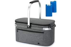 ALLCAMP Picnic Basket - 2 Ice Box Included 32L Insulated Cooler, Thickening Foldable Picnic Basket with Removable Baskets & S