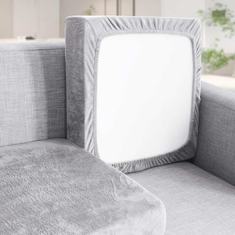Teynewer Sofa Seat Cushion Cover Velvet Stretch Non-Slip 2 Seater Light Grey