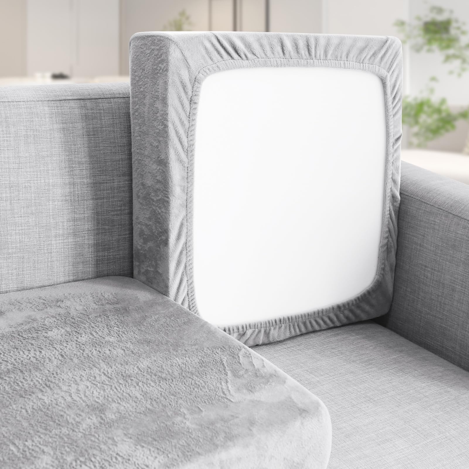 Teynewer Sofa Seat Cushion Cover, Sofa Cushion Slipcovers Stretch Velvet, Universal Non-Slip Couch Cushion Covers Replacement for Individual Cushion with Elastic Bottom (1 Seater, Light Grey)