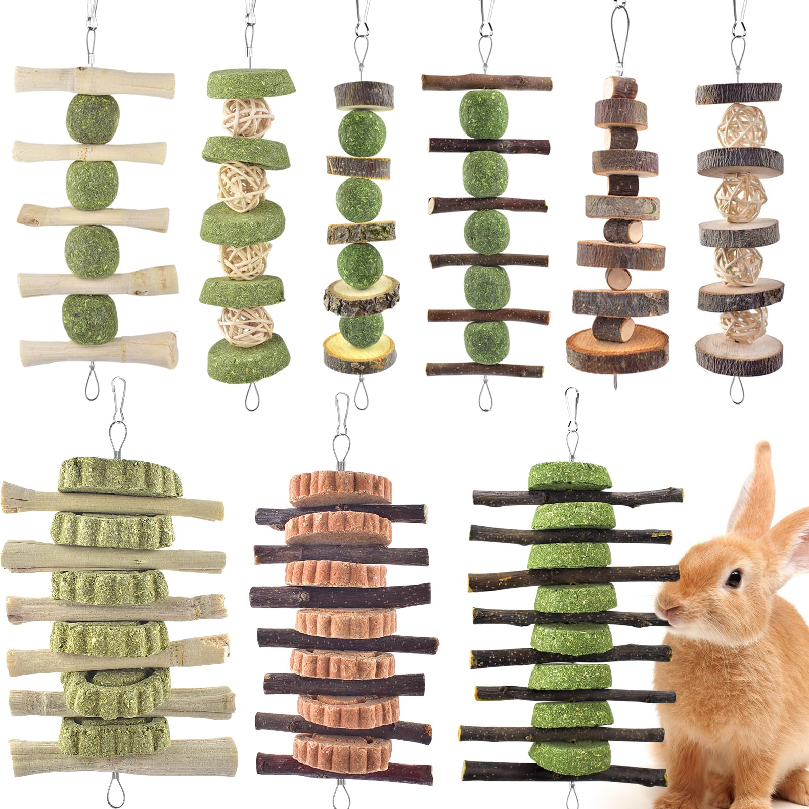 ERKOON Bunny Chew Toys, Rabbit Chew Toys for Teeth Grinding, Improve Dental Health, 100% Natural Apple Wood Timothy Grass Cake Treats for Rabbits Guinea Pigs Chinchillas Bunnies Hamsters (9 Pcs) Image ERKOON Bunny Chew Toys, Rabbit Chew Toys for Teeth Grinding, Improve Dental Health, 100% Natural Apple Wood Timothy Grass Cake Treats for Rabbits Guinea Pigs Chinchillas Bunnies Hamsters (9 Pcs) Image