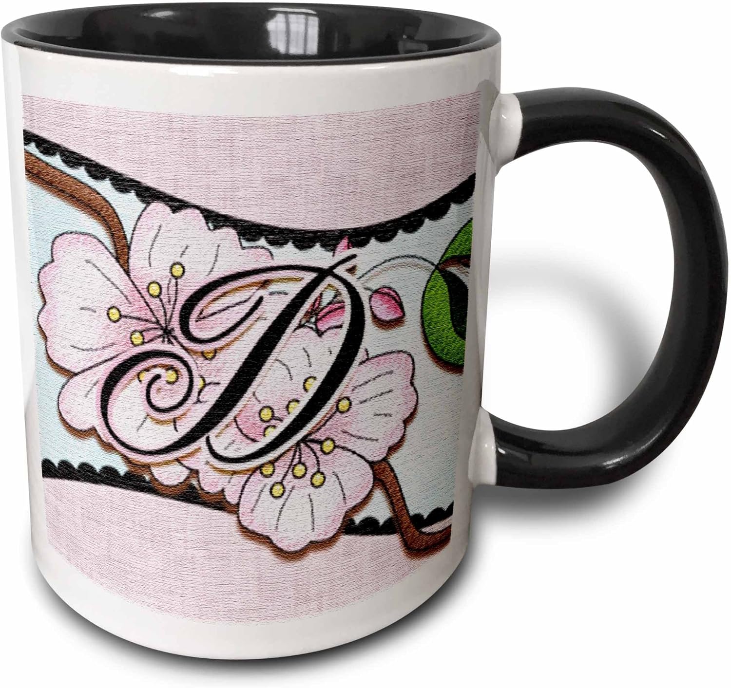 3dRose Cherry Blossom Flower Monogram Initial D Two Tone Mug, 11 oz, Black/White