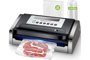 Bonsenkitchen Vacuum Sealer Machine, Globefish Technology for Perfect Vacuum Sealing, Powerful Low-Noise Food Vacuum Sealer with Easy Handle Design, Built-in Cutter & Bag Storage, 1 Bag Roll & 10 Bags