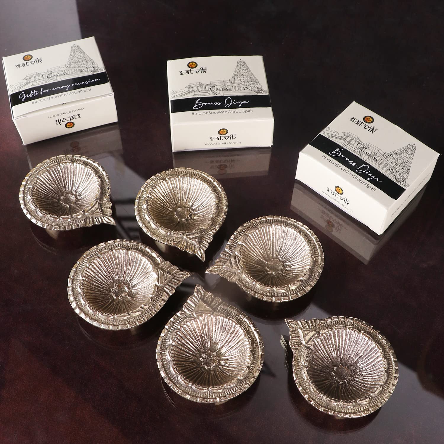 Satvik 10 Pc Brass Laxmi Diya Engraved Floral Design Pooja Diwali Home Mandir Decor Oil lamp Kutthu Vilakku Nilakku Lakshmi Pujan Deepak Deepam Tea Light Holder Indian Housewarming Return Gift Item