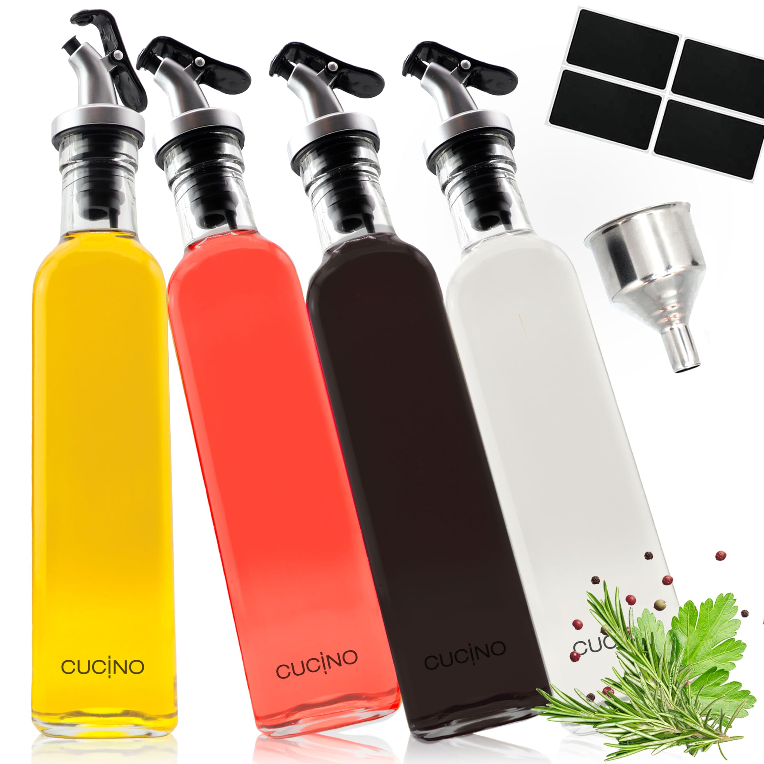 Cucino Vinegar and Oil Bottle Set - Includes Funnel and Labels - Pack of 4 Glass Bottles with Spouts, 500 ml Each - Perfect for Oliveoil
