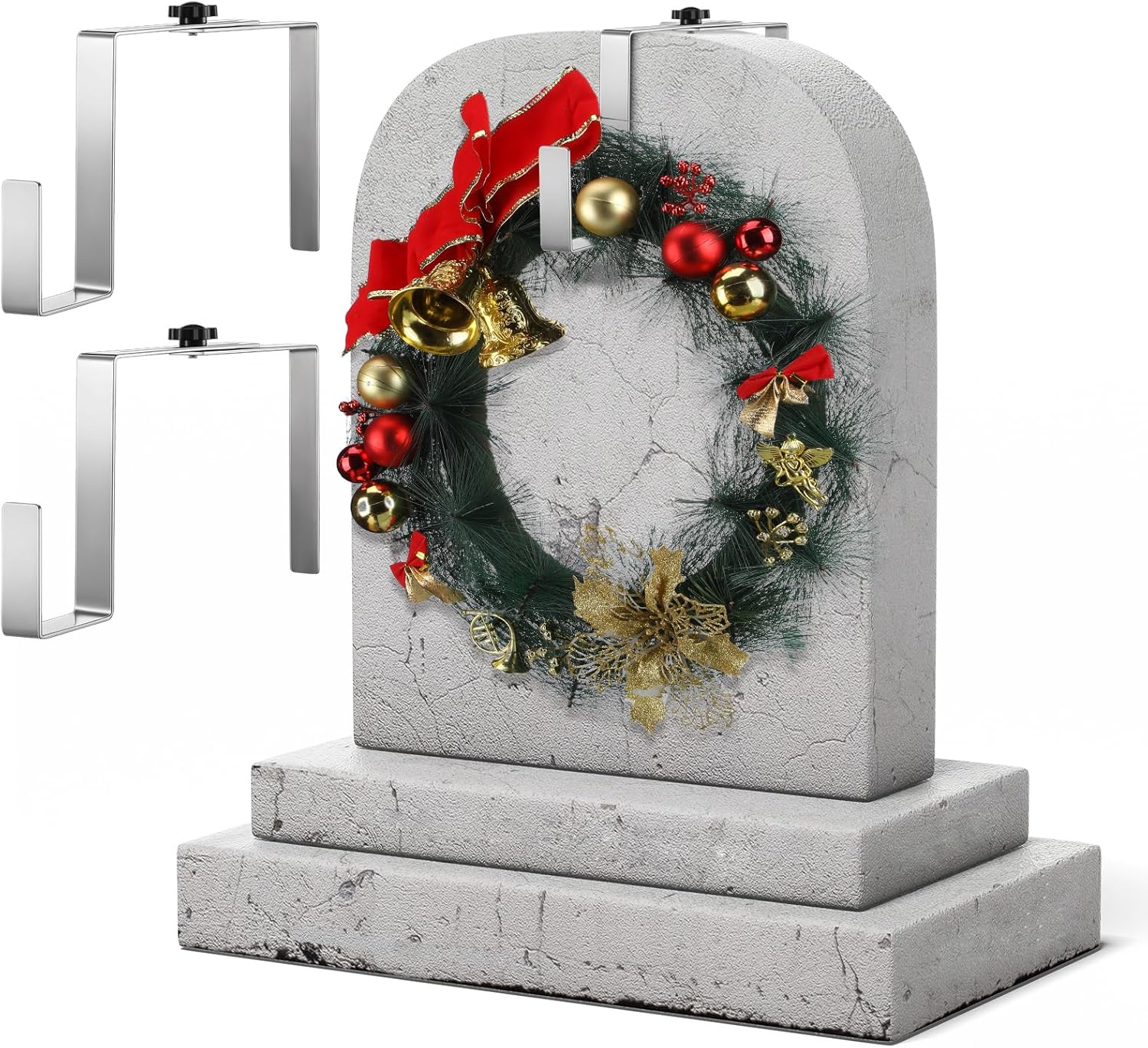 Wreath Hangers - Blulu 2 Pcs 7'' to 11'' Metal Christmas Headstone Wreath Hanger Adjustable Flower Wreath Holder Stands Gravestone Marker Cemetery Tombstone Saddles (Silver, Straight)