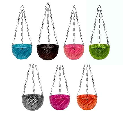 A2M Round Wicker Plastic Flower Hanging Planter with Hook Chain for Home Gardener /Beautiful Round Gamla Pot/ Garden Balcony/ Kitchen Garden Set of 7 (Multicolor)