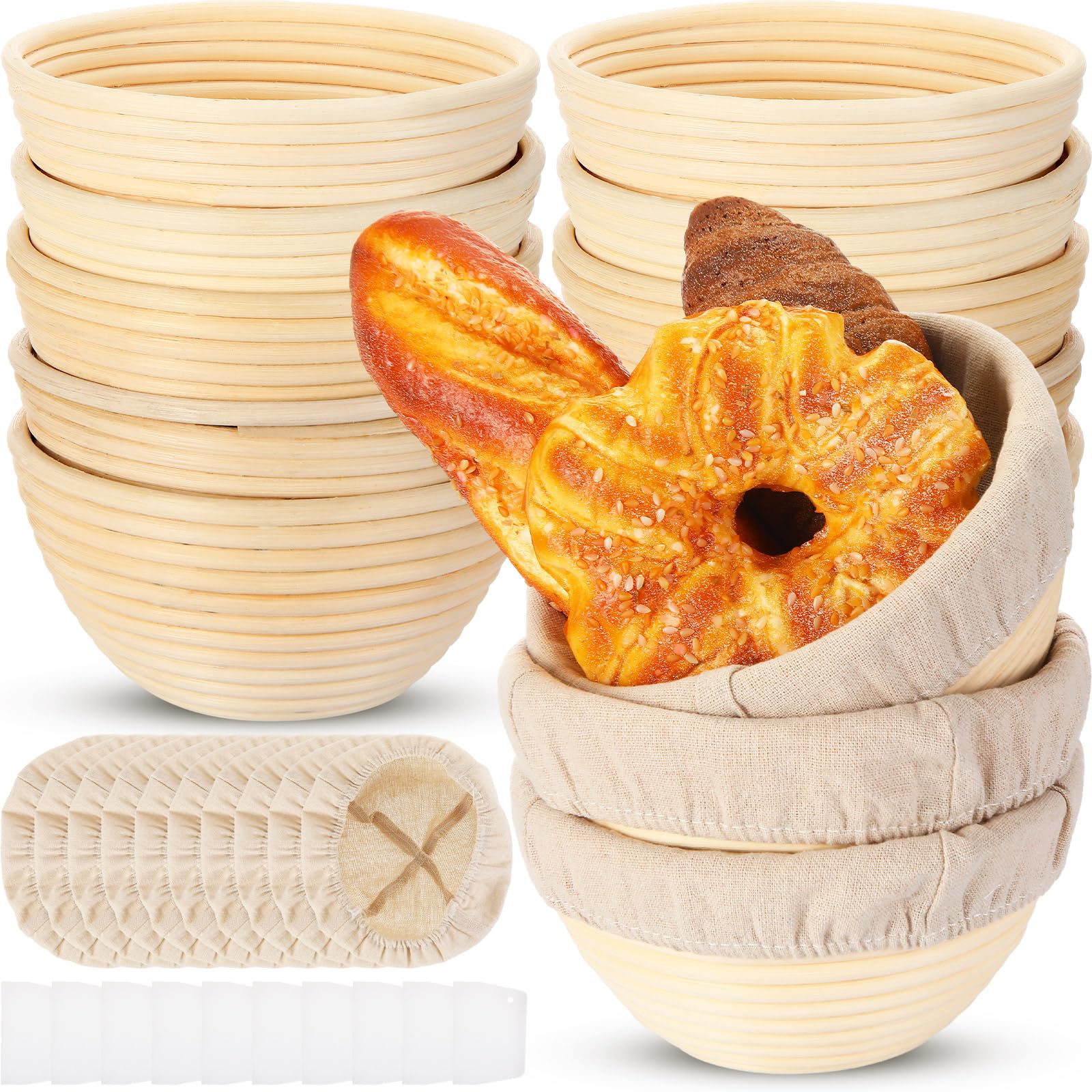 Photo 1 of Irenare 6 Pcs Bread Banneton Proofing Basket Round Dough Sourdough Proofing Basket Rattan Bakery Baking Bread Bowl with Liner and Scraper Tool Set for Starter Gifts Professional Home Bakers (7 Inch)