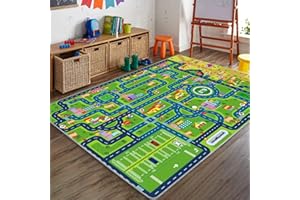 nanshiba Kids Carpet Playmat Rug, Cityscape Car Rug for Kids, Non-Slip, Machine Washable, 59" x 39.4" (Rectangular), Green, Blue, Yellow, Red