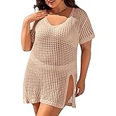 Charmo Plus Size Swimsuit Coverup for Women Side Split Crochet Beach Cover Ups Swimwear Short Sleeve Bathing Suit