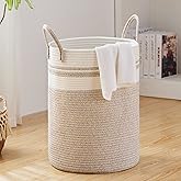 Large Laundry Hamper, Tall Woven Storage Basket for Blankets, Cotton Baby Nursery Hamper, Toys and Dirty Clothes in Bedroom and Living Room Organizing - 58L Brown & White
