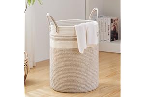 FIONA'S MAGIC Large Laundry Hamper, Tall Woven Storage Basket for Blankets, Cotton Baby Nursery Hamper, Toys and Dirty Clothes in Bedroom and Living Room Organizing - 58L Brown & White