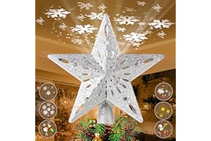 TEPENAR Christmas Tree Topper Star: 10" Xmas Tree Topper with 6 Projection Modes Built-in LED Rotating Projector Light 3D Glitter Star Tree Topper for Xmas Party Holiday Decoration - Silver