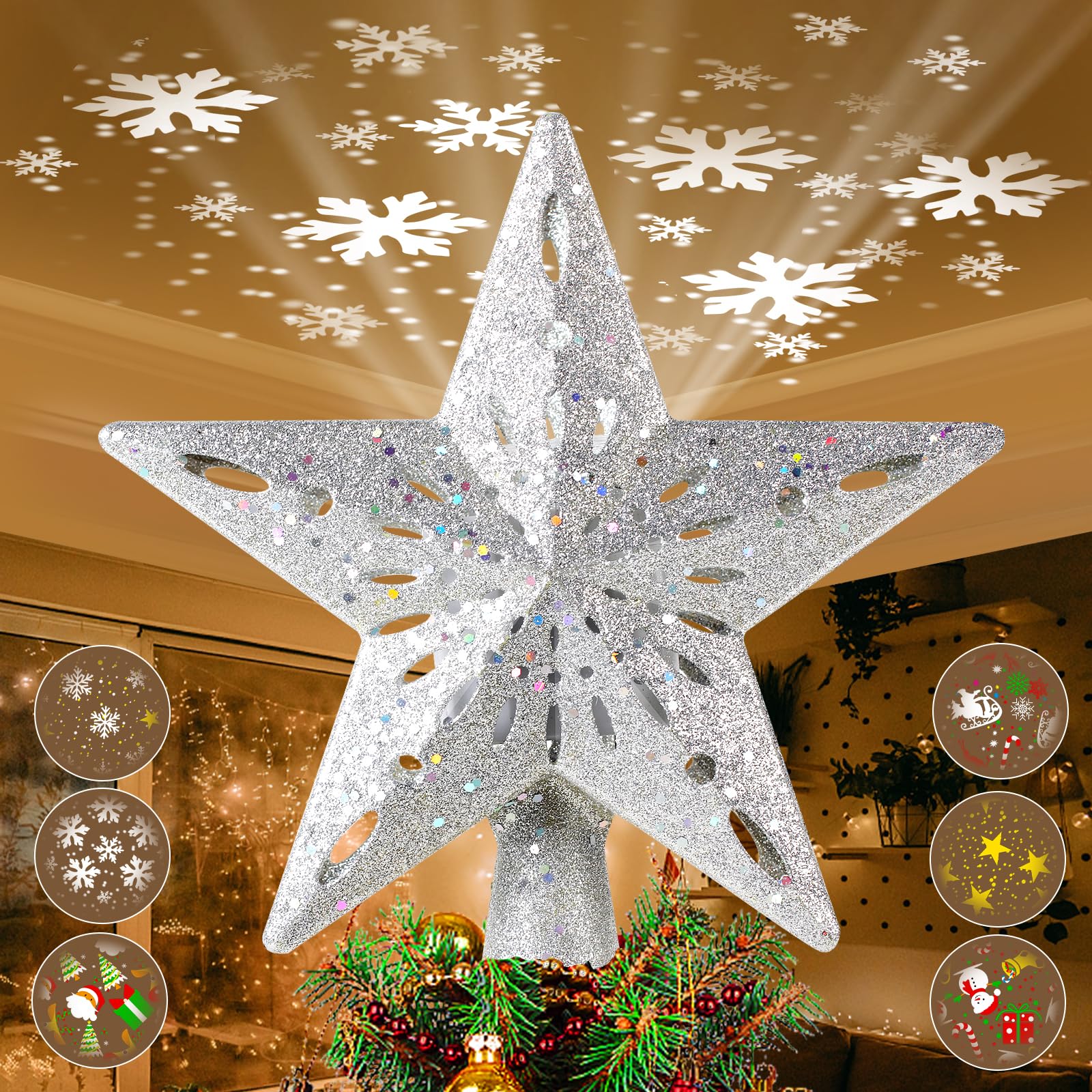Photo 1 of TEPENAR Christmas Tree Topper Star: 10" Xmas Tree Topper with 6 Projection Modes Built-in LED Rotating Projector Light 3D Glitter Star Tree