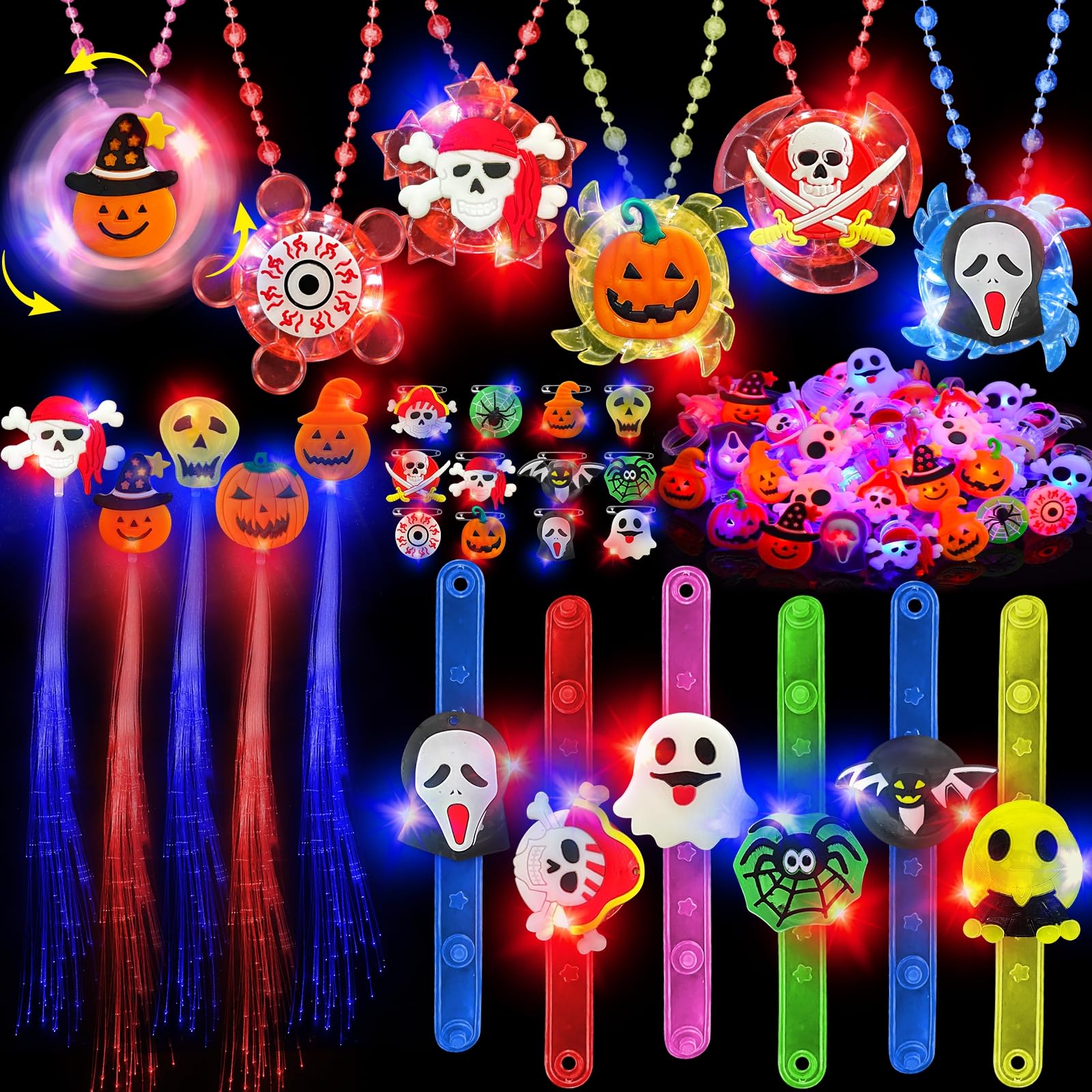 Photo 1 of 80 Pcs Halloween Party Favors Bulk Halloween Glow in the Dark Toys Rotating Spin Light Up Necklaces LED Bracelets Flash Rings Brooches Hair Lights Halloween Treats Gifts Bag Fillers Party Supplies