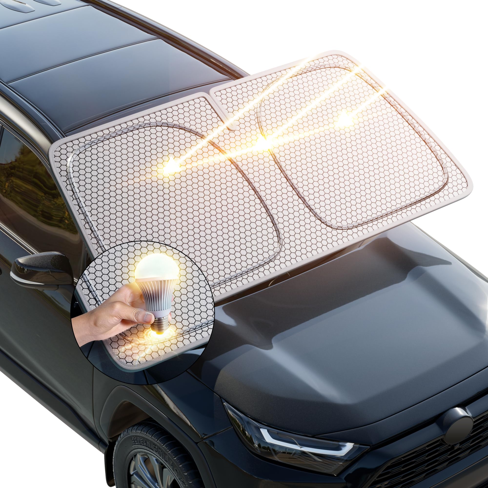 Photo 1 of helloleiboo Graphene Car Windshield Sun Shade Car Sun Shade for Windshield with Heat Absorption Coating Foldable Design with UV Protection to Keep Your Car Interior Cooler Silver (X-Large-61 × 34 in)