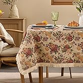 Fall Floral Rectangle Tablecloth Farmhouse Vintage Flower Print Table Cloth with Tassel Rustic French Embroidered Boho Tablecloths Durable Outdoor Table Cover for Kitchen,Dining Room,55 x 84 Inch