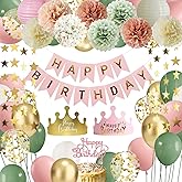 Dusty Pink and Sage Green Birthday Party Decorations Dusty Pink Sage Green Balloons Happy Birthday Banner Star Garland Paper Pom Poms Paper Lanterns for Women Birthday Party Decorations