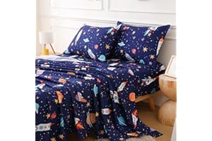 CIMVI Full Size Bed Sheets for Boys Space Rocket Universe Bed Sheet Sets for Kids 4 Piece Soft Microfiber Bed Sets with Deep Pocket Cartoon Bedding for Children Kids (Space, Full)