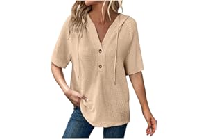 CETHRIO Waffle Knit Tops for Women Trendy V Neck Short Sleeve Tops Casual Lightweight Drawstring Hoodies Loose Blouse