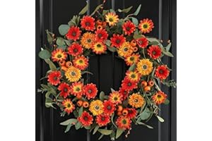 Hometrance Fall Wreath for Front Door, 20Inch Autumn Wreaths with Dwarf Sunflower Gerbera Daisy Flowers, Summer Floral Wreaths Decorations for Harvest Thanksgiving Home Indoor Outdoor Decor