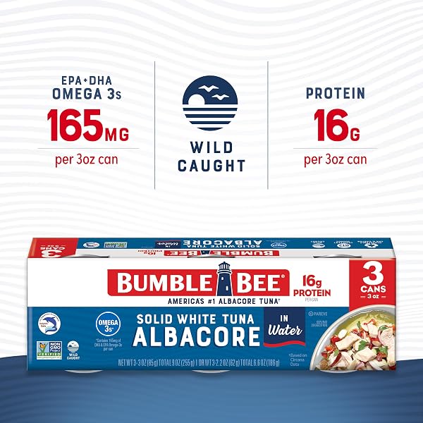 BUMBLE BEE SOLID WHITE ALBACORE TUNA IN WATER, 3 OZ CAN (PACK OF 3) – WILD CAUGHT TUNA – 16G PROTEIN PER SERVING, HIGH IN OMEGA-3S – NON-GMO PROJECT VERIFIED, GLUTEN FREE, KOSHER