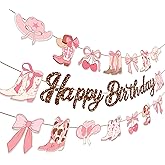 3PCS Cowgirl Boots Bow Birthday Banners Western Boots and Bows Decoration Glitter Pink Cowgirl Rodeo Party Supplies for Shower Bachelorette Party Decor