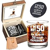 Harmora 50th Birthday Gifts for Men – Funny Whiskey Glass Set for Him Born in 1976 – 50 Year Old Gift Ideas for Dad, Husband, Friends – Wooden Box, Coaster, Cards