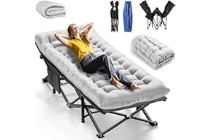 Handnam Camping Cots for Adults, Upgraded Folding Camping Cot Heavy Duty Sleeping Cots Bed 1200D Double Layer Oxford Camping Cot Mattress with Flannel Blanket for Home Office Nap Beach Travel, 550LBS