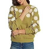 D-Sun Women Crew Neck Flower Sweater Fall Winter Floral Embroidered Long Sleeve Knit Ribbed Color Block Pullover Sweater Top