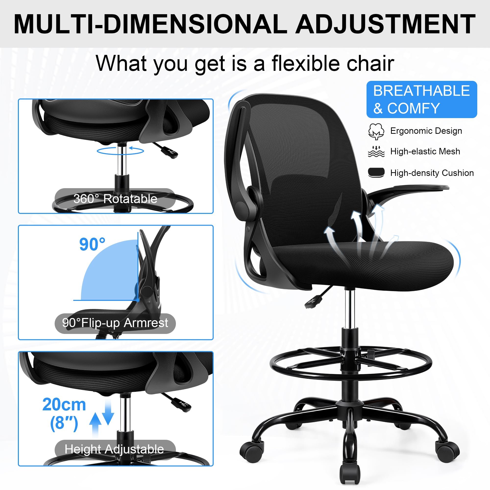 Drafting Chair Tall Office Chair with Flip-up Armrests, Adjustable Height, and Enhanced Lumbar Support - Ergonomic Rolling Stool, Back Support, and Adjustable Foot Rest Ring for Standing Desk Black