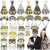 HOWAF New Year Eve Party Supplies 2026, 36pcs Happy New Years Party Headband Cone Hats Glitter Paper Eyeglasses Noise Makers Black Gold New Years Decorations 2026 for NYE Favor Accessories