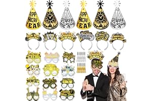 HOWAF New Year Eve Party Supplies 2026, 36pcs Happy New Years Party Headband Cone Hats Glitter Paper Eyeglasses Noise Makers Black Gold New Years Decorations 2026 for NYE Favor Accessories