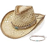 SANSTHS Cowboy Cowgirl Hats for Men Women 2 Pack Hatbands Straw Hat Wide Brim Breathable Western Hats for Lover