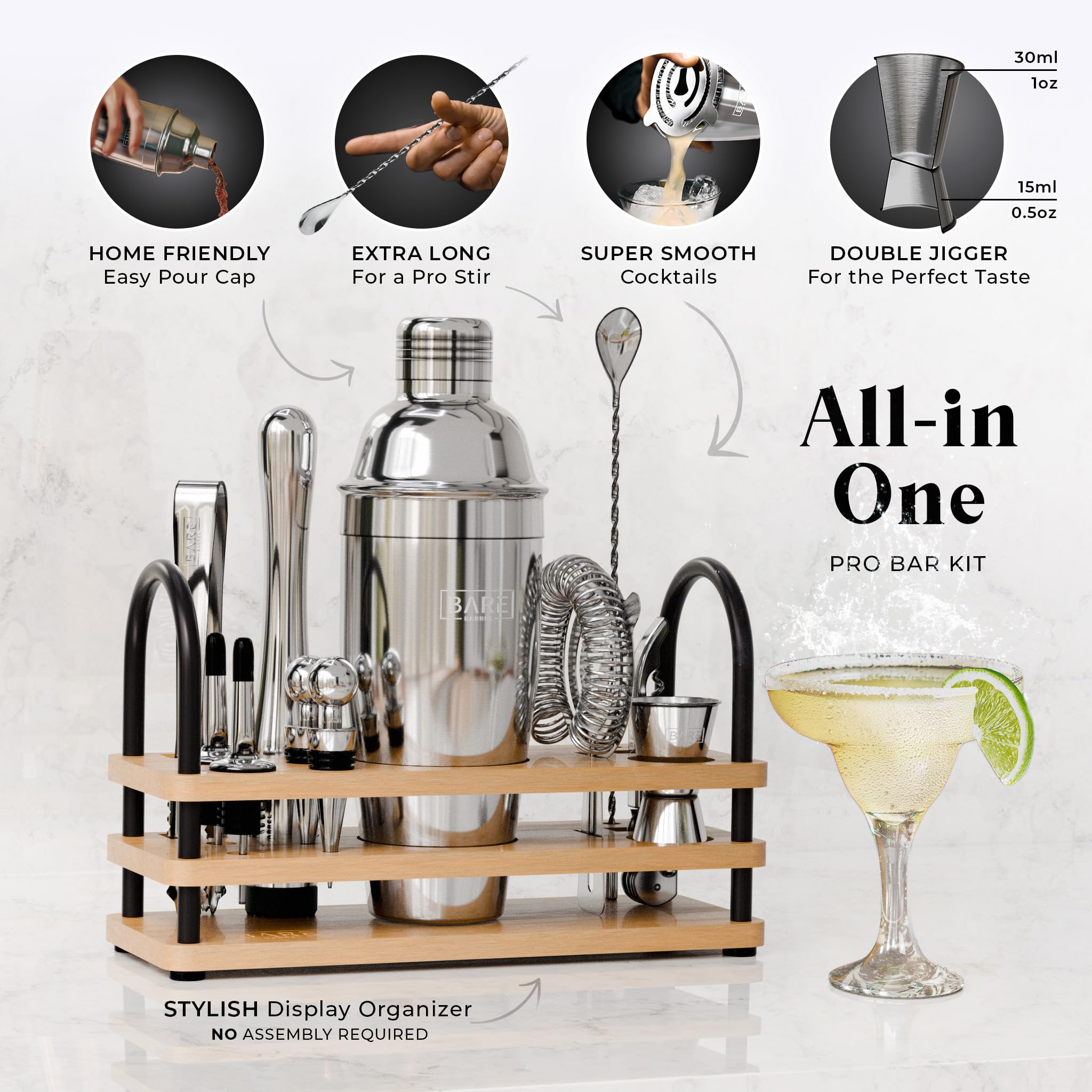 BARE BARREL® Mixology Bartender Kit Bar Set | 14-Piece Cocktail Shaker Set | Martini Barware Mixing Tools for Home Bartending | 35 Recipe Cards | Gift Set (24oz Cobbler Shaker, Silver/Natural)