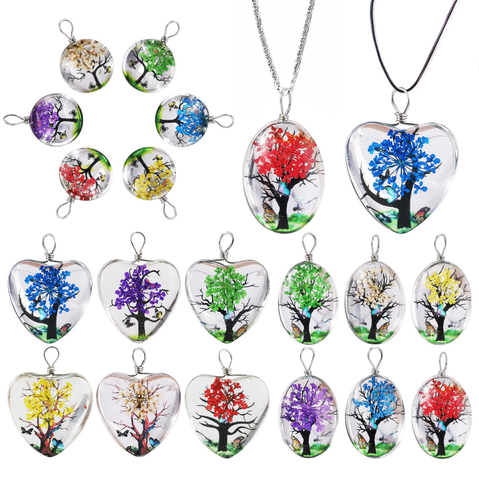 OOTSR 18 Pieces Transparent Dried Flower Tree Mixed Colors Lacework Drop Shaped Ball Beads Round Heart - Shape Resin Pendants for DIY Jewelry Crafts Making, 4.7 * 3.5 * 0.5 inch package, Crystal