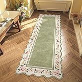 Lahome Floral 2'x 6' Washable Kitchen Runner Rug, Green Rug Runners for Hallways Non Slip, Scalloped Runner Rug Ultra-Thin Stain Resistant Boho Carpet for Entryway Bathroom Bedroom（Green，2x6ft）