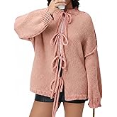 Simlakey Women Tie Front Bow Cardigan Sweater Long Puff Sleeve Chunky Knit Cardigan Lace Up Crew Neck Crochet Winter Outfit