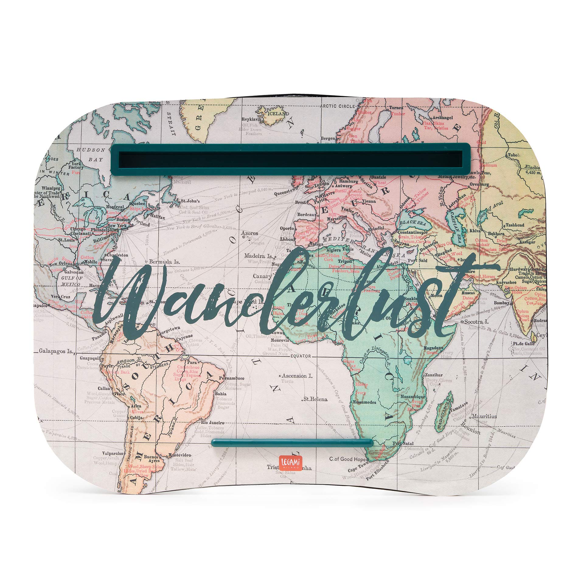 Legami - Laptop Stand, 44 x 33.5 cm, Laptop Tray, Slot Holder for Tablet, Travel Theme, Soft Cushion with Padding, Side Handle