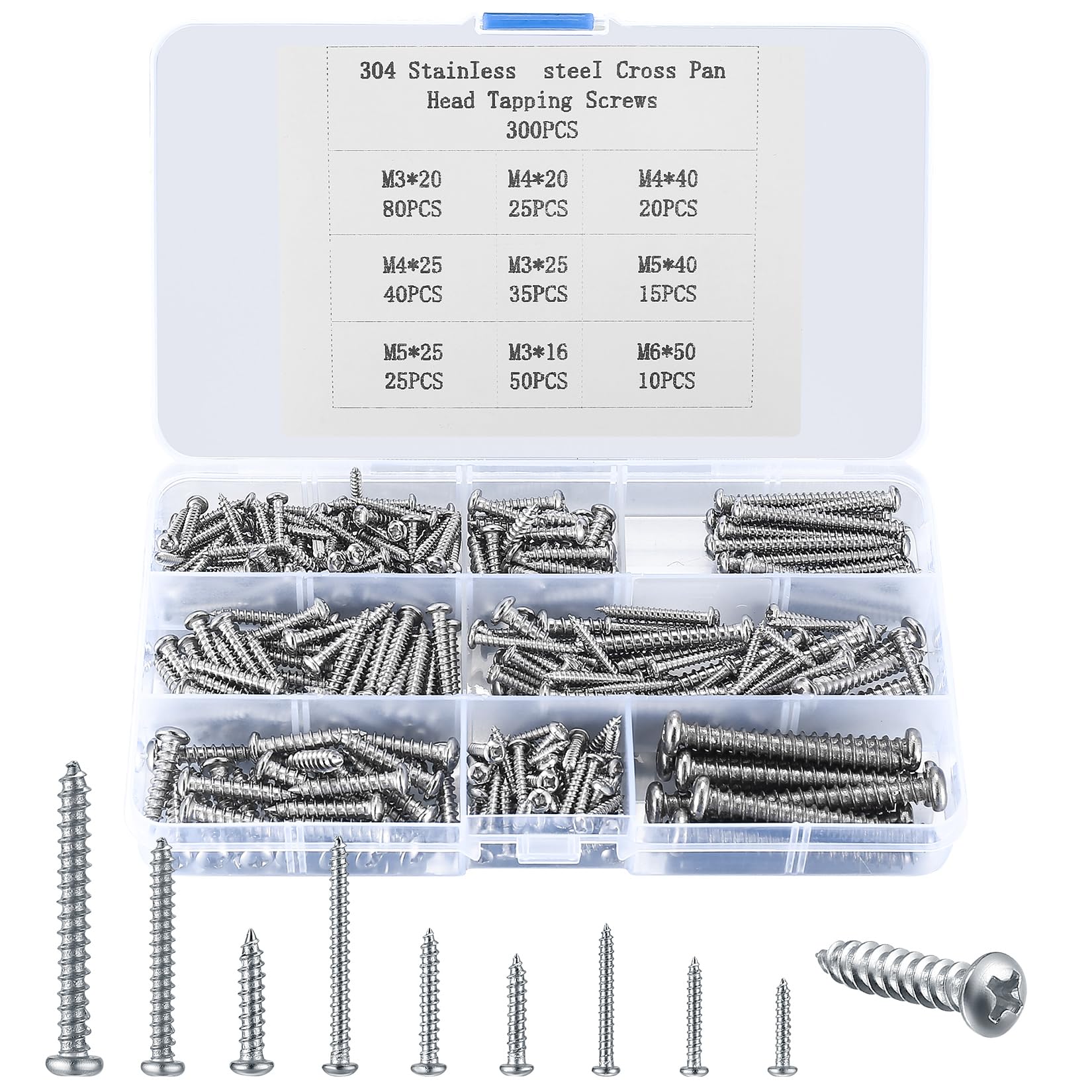 300 Pcs Wood Screws Assortment Set, Self Tapping Screws for Wood, M3 M4 M5 Cross Drive Round Head Screws, Pan Head Fastening Screws for Plastic Wood Soft Metal Home DIY